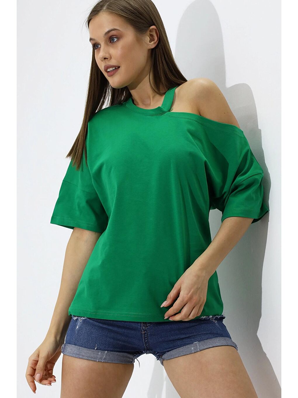 Yeşil Omuz Detay Oversize T-Shirt-2