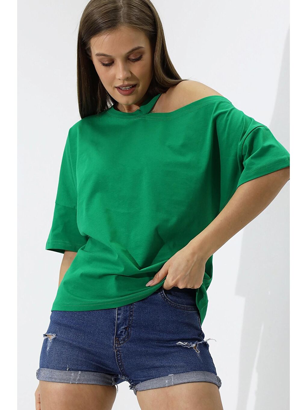 Yeşil Omuz Detay Oversize T-Shirt-3