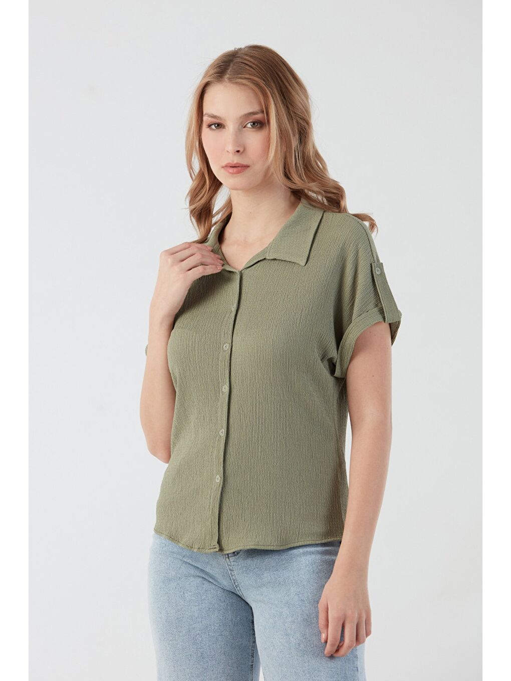 Yeşil Bürümcük Kumaş Gömlek Yaka Düğmeli Bluz