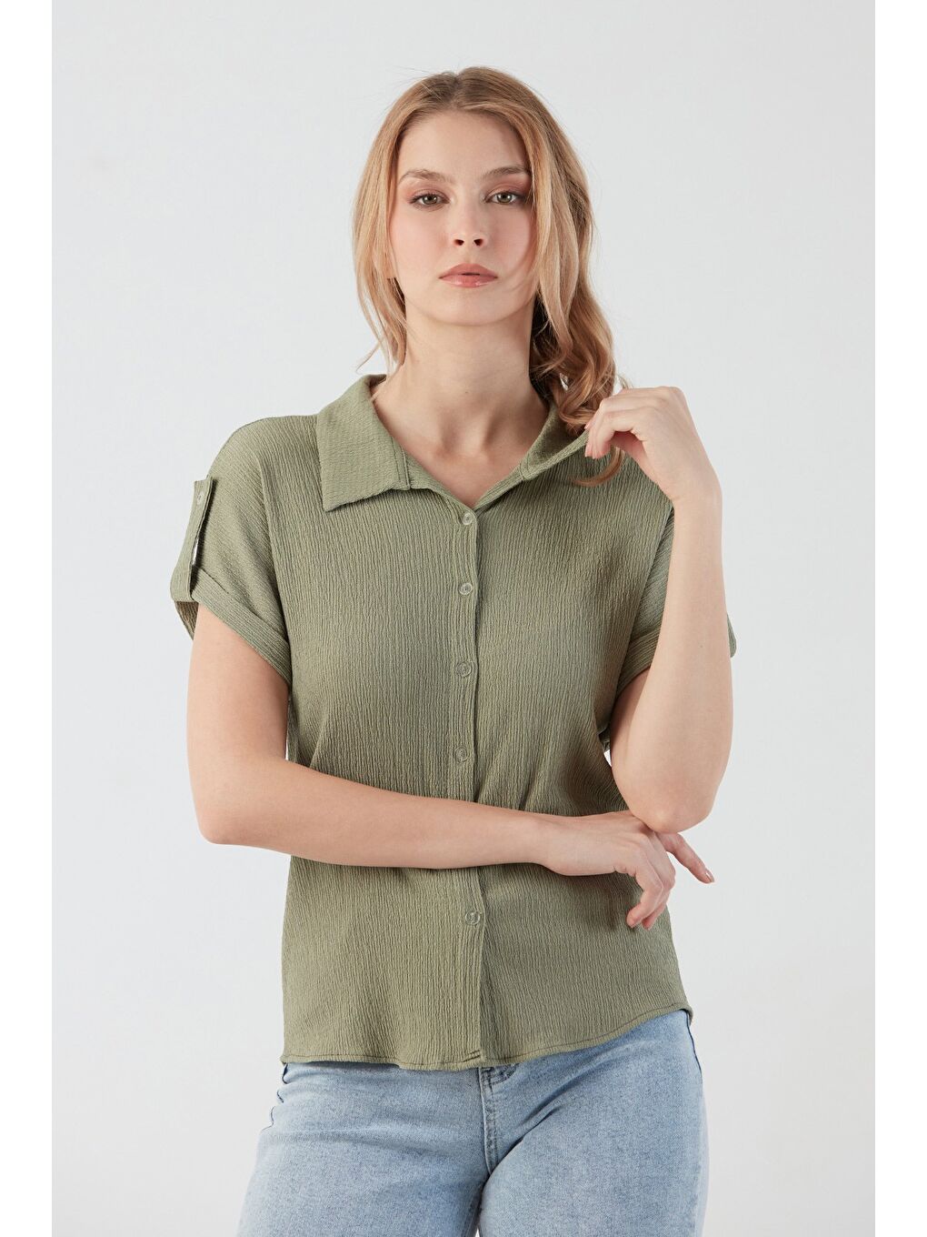 Yeşil Bürümcük Kumaş Gömlek Yaka Düğmeli Bluz-2