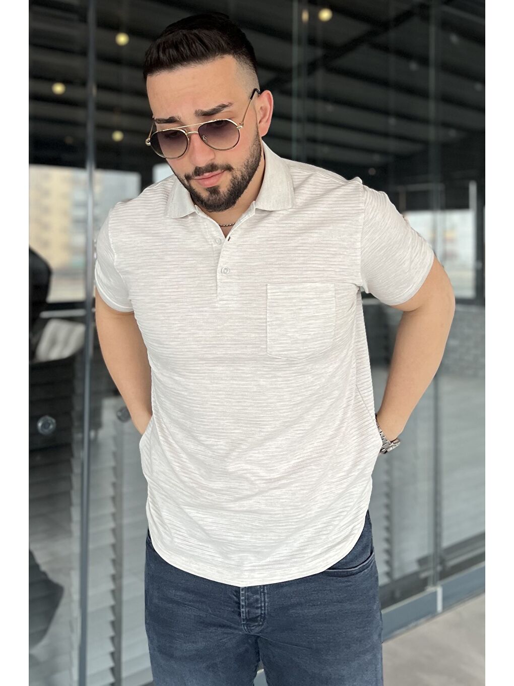 Bej Erkek Polo Yaka Yarım Düğmeli Cepli Tişört