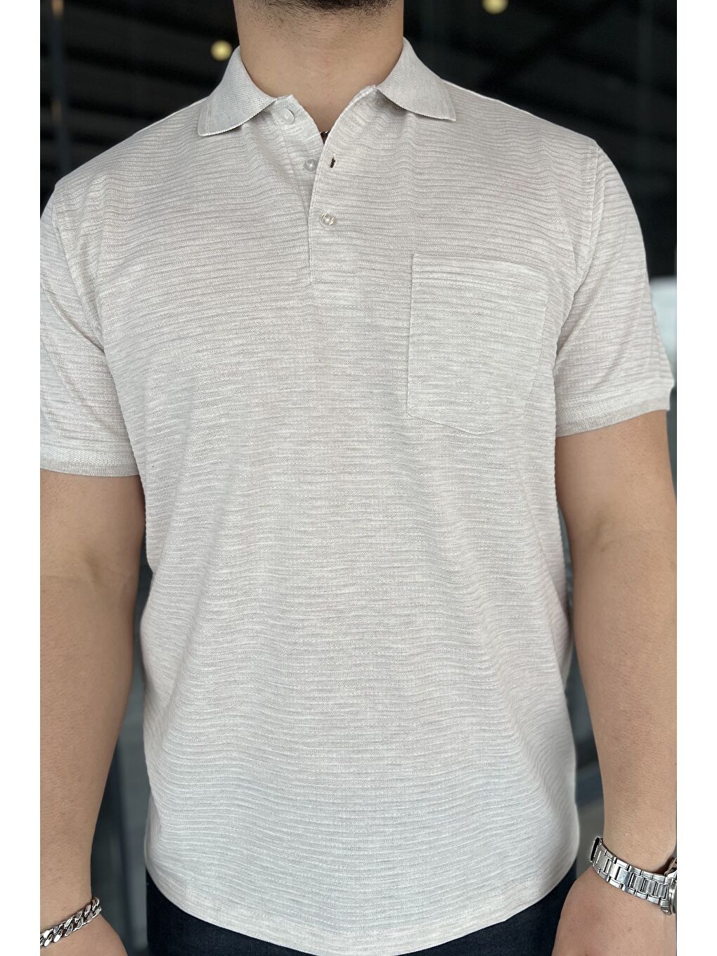 Bej Erkek Polo Yaka Yarım Düğmeli Cepli Tişört-3