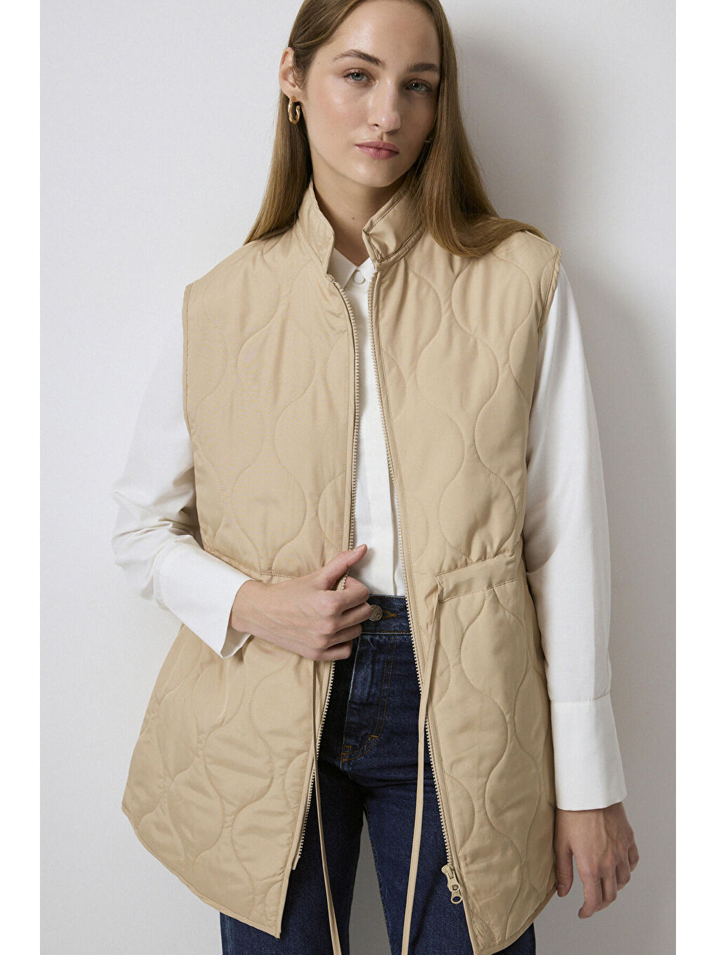 Bej Fermuarlı Kapitone Yelek-2