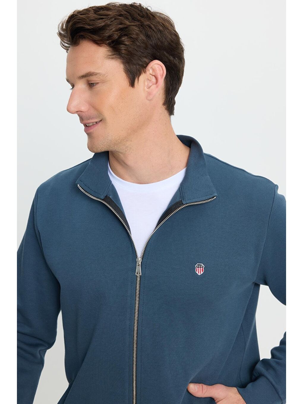 Erkek Slim Fit Dar Kesim Pamuklu Tam Fermuarlı Çift Cepli Dik Yaka Petrol Sweatshirt Hırka-1