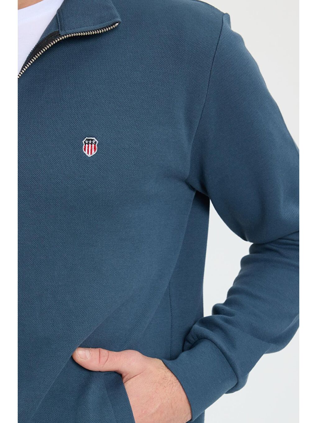 Erkek Slim Fit Dar Kesim Pamuklu Tam Fermuarlı Çift Cepli Dik Yaka Petrol Sweatshirt Hırka-2