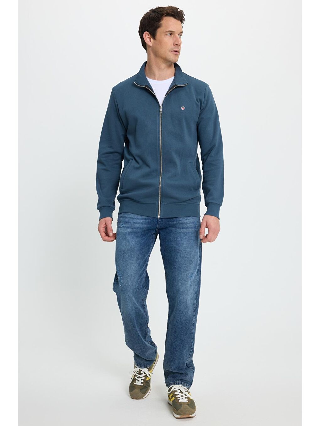 Erkek Slim Fit Dar Kesim Pamuklu Tam Fermuarlı Çift Cepli Dik Yaka Petrol Sweatshirt Hırka-3