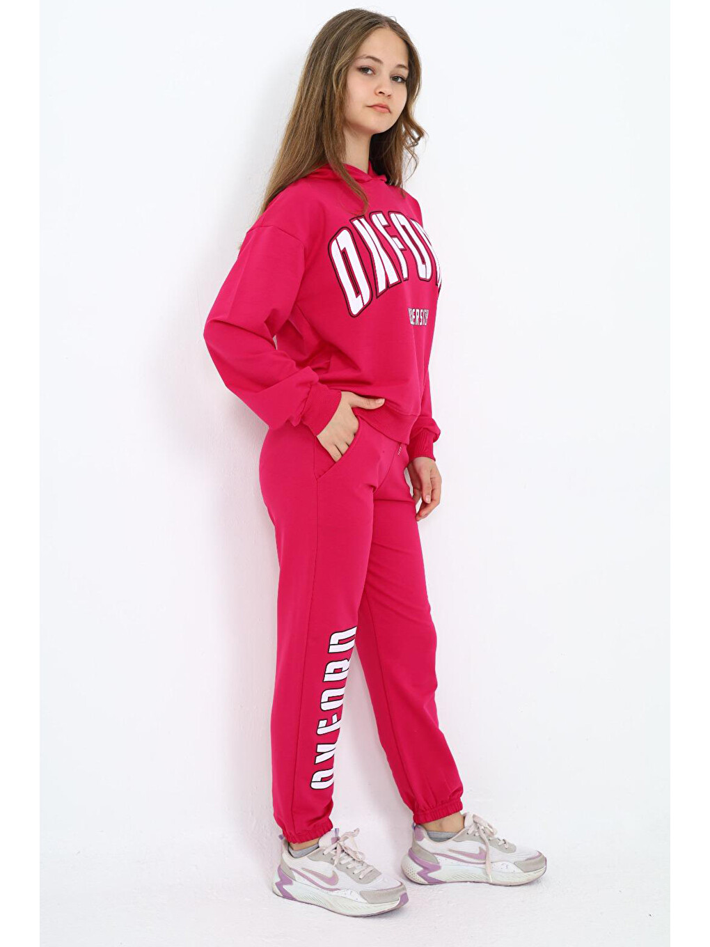 Pembe Oxford Baskılı Kapüşonlu Kız Çocuk Eşofman Takımı 19816