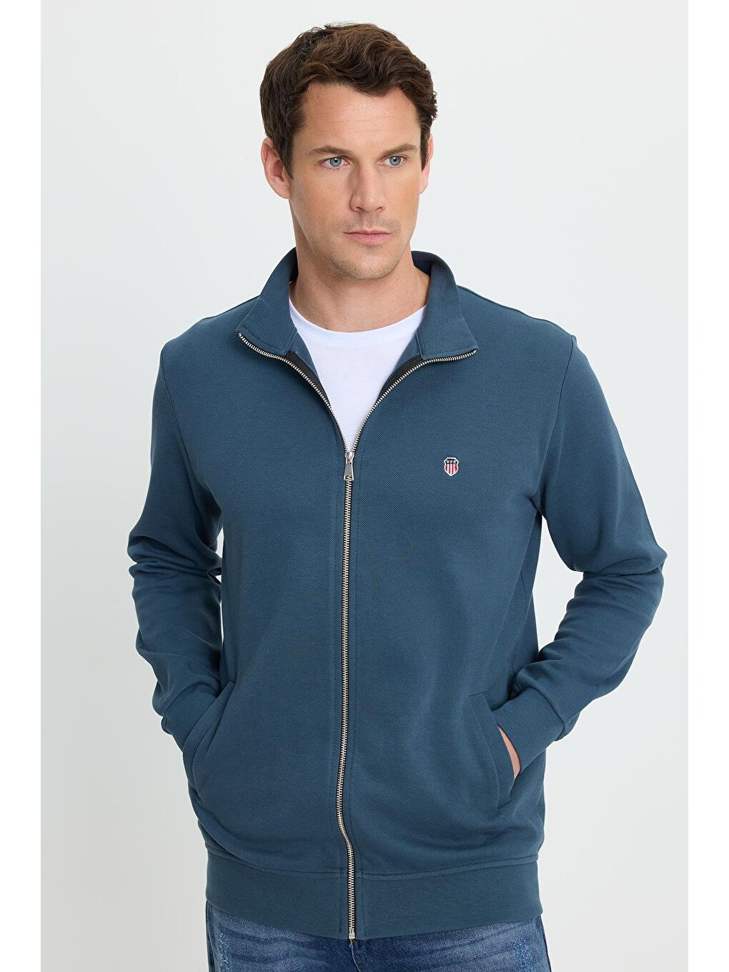 Erkek Slim Fit Dar Kesim Pamuklu Tam Fermuarlı Çift Cepli Dik Yaka Petrol Sweatshirt Hırka-4