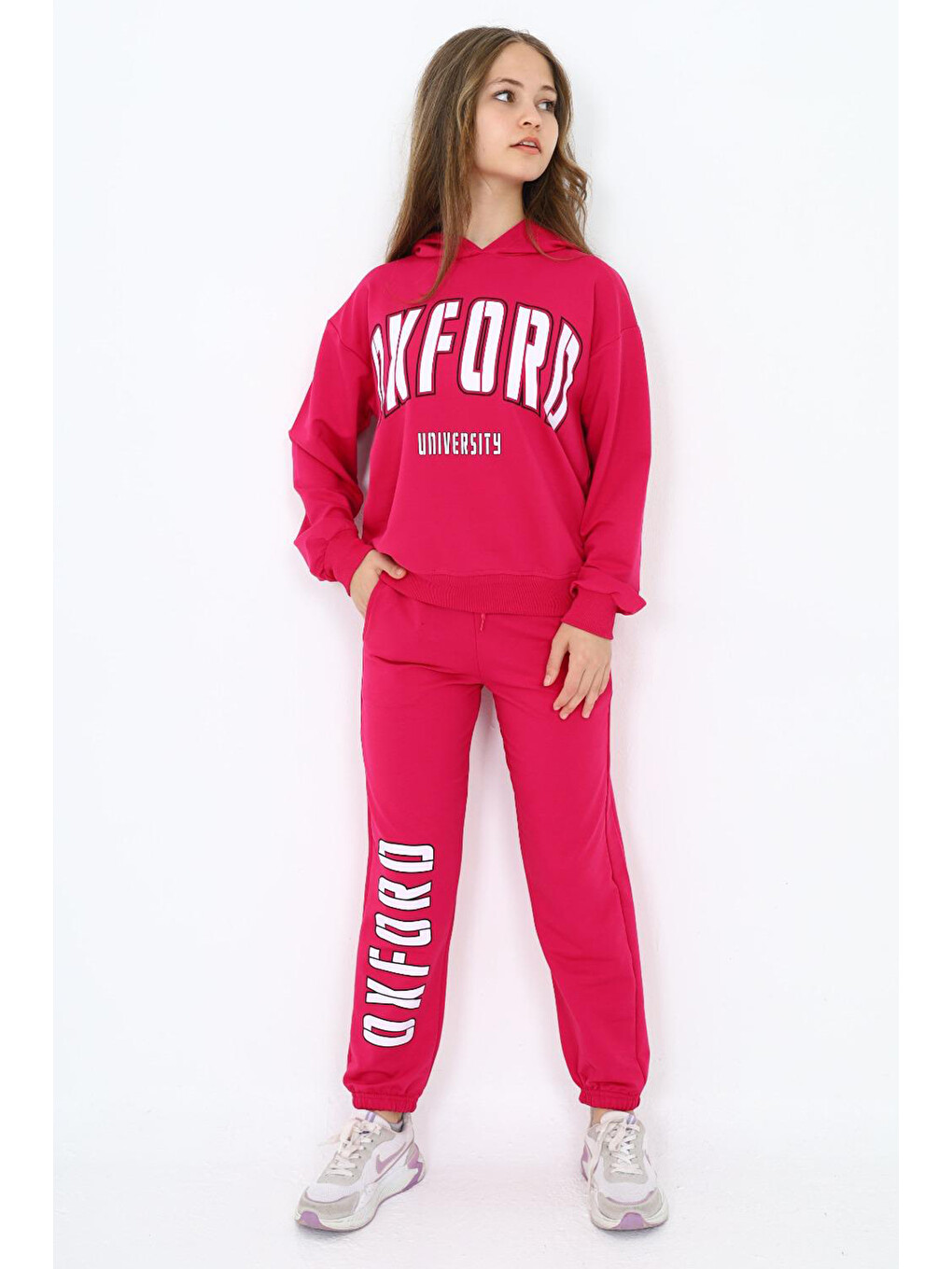 Pembe Oxford Baskılı Kapüşonlu Kız Çocuk Eşofman Takımı 19816-1