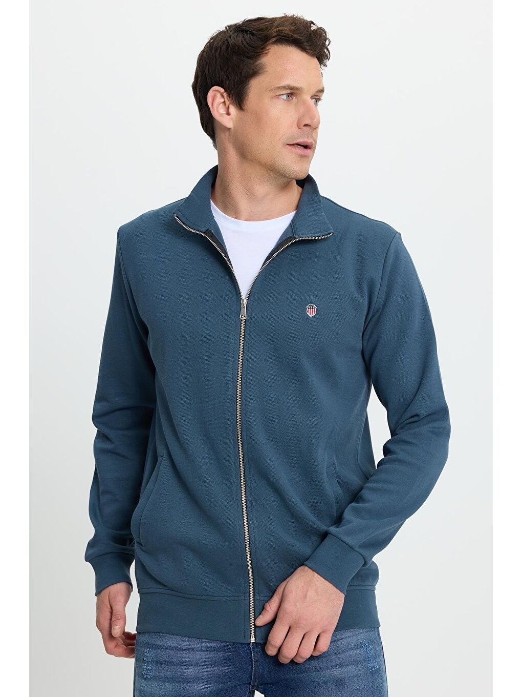 Erkek Slim Fit Dar Kesim Pamuklu Tam Fermuarlı Çift Cepli Dik Yaka Petrol Sweatshirt Hırka-5