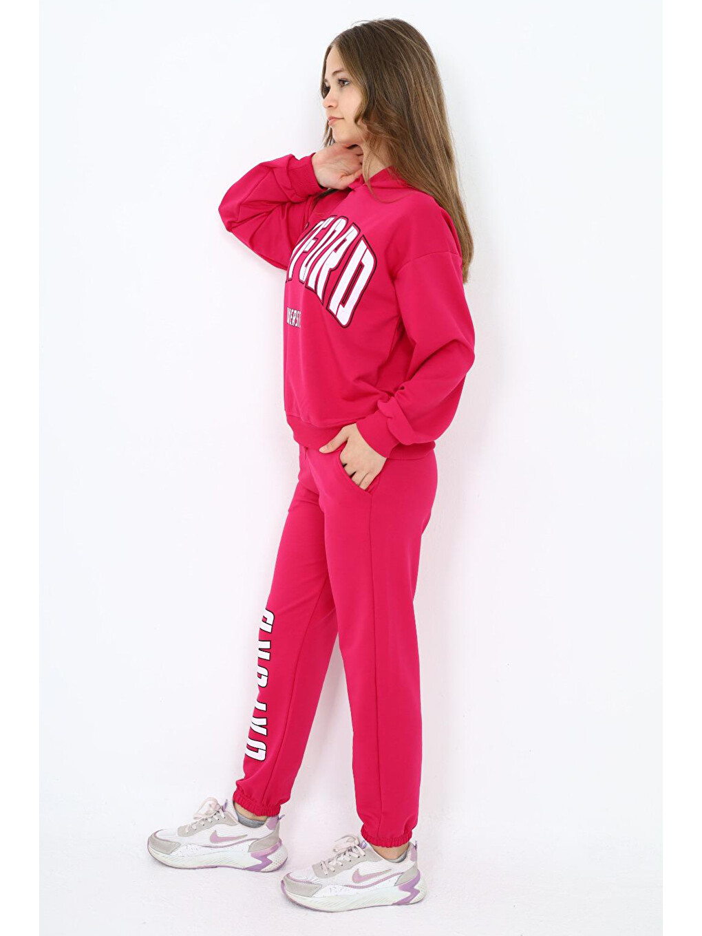 Pembe Oxford Baskılı Kapüşonlu Kız Çocuk Eşofman Takımı 19816-2