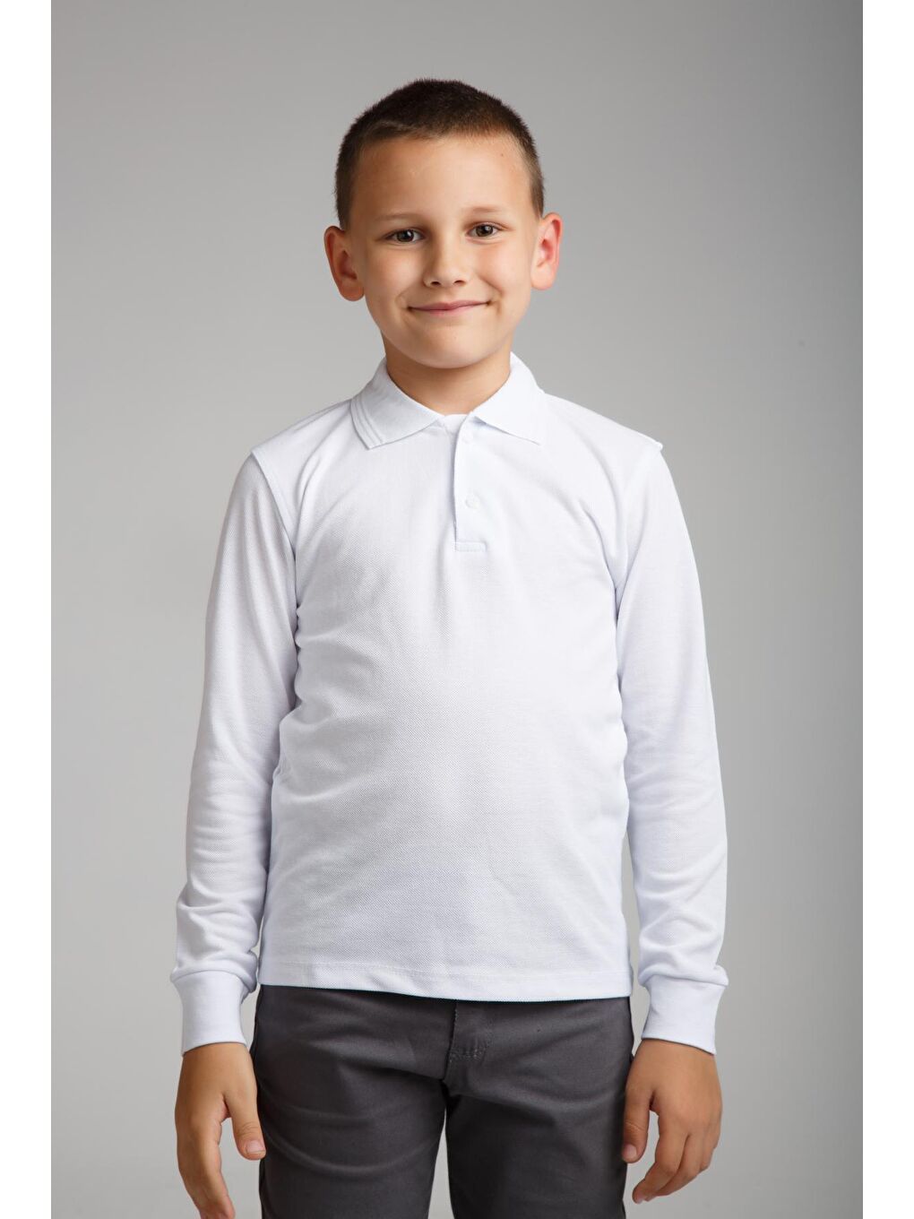Beyaz Kids Polo Yaka Basic Uzun Kollu Erkek Çocuk Sweatshırt