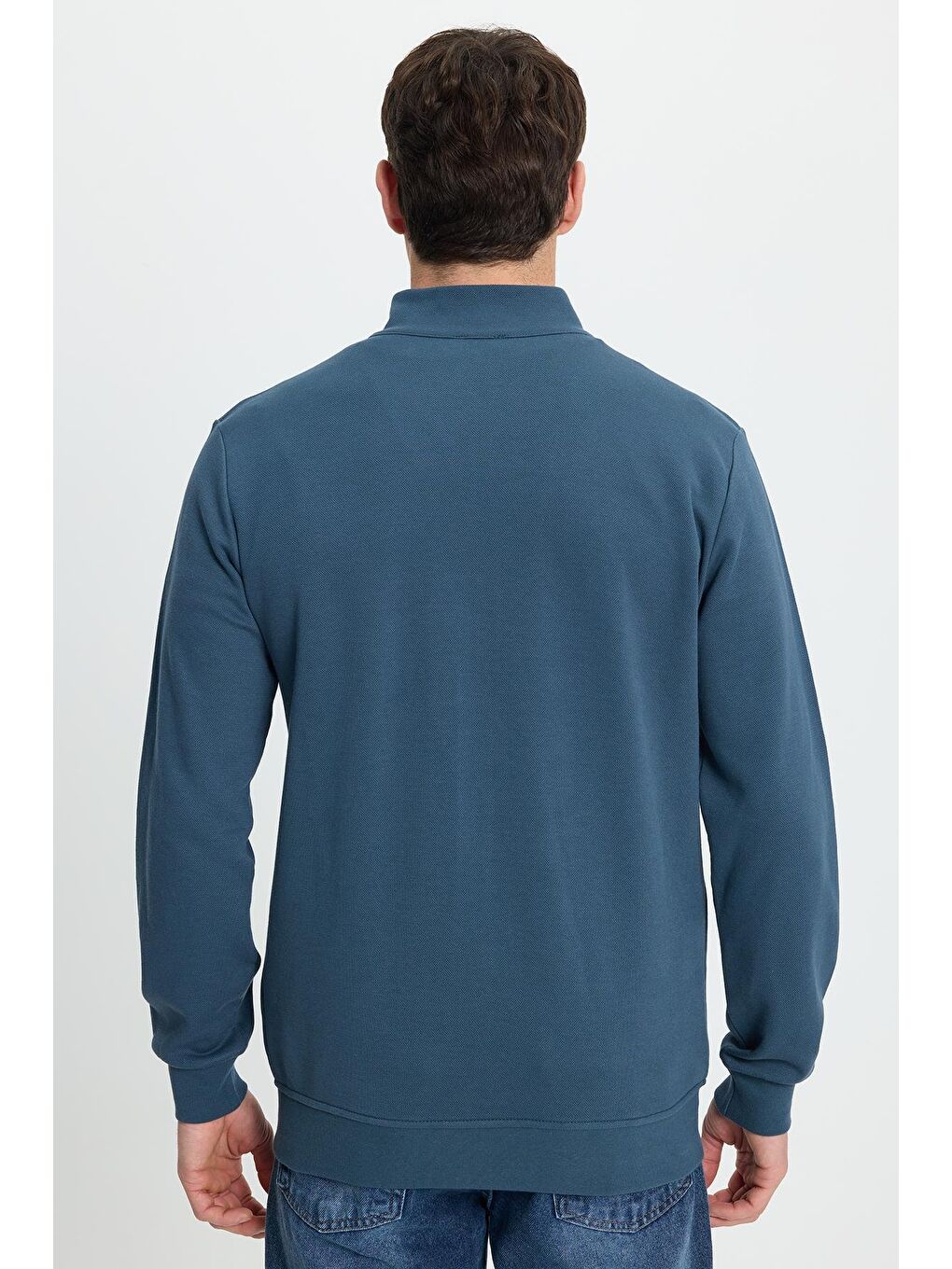 Erkek Slim Fit Dar Kesim Pamuklu Tam Fermuarlı Çift Cepli Dik Yaka Petrol Sweatshirt Hırka-7