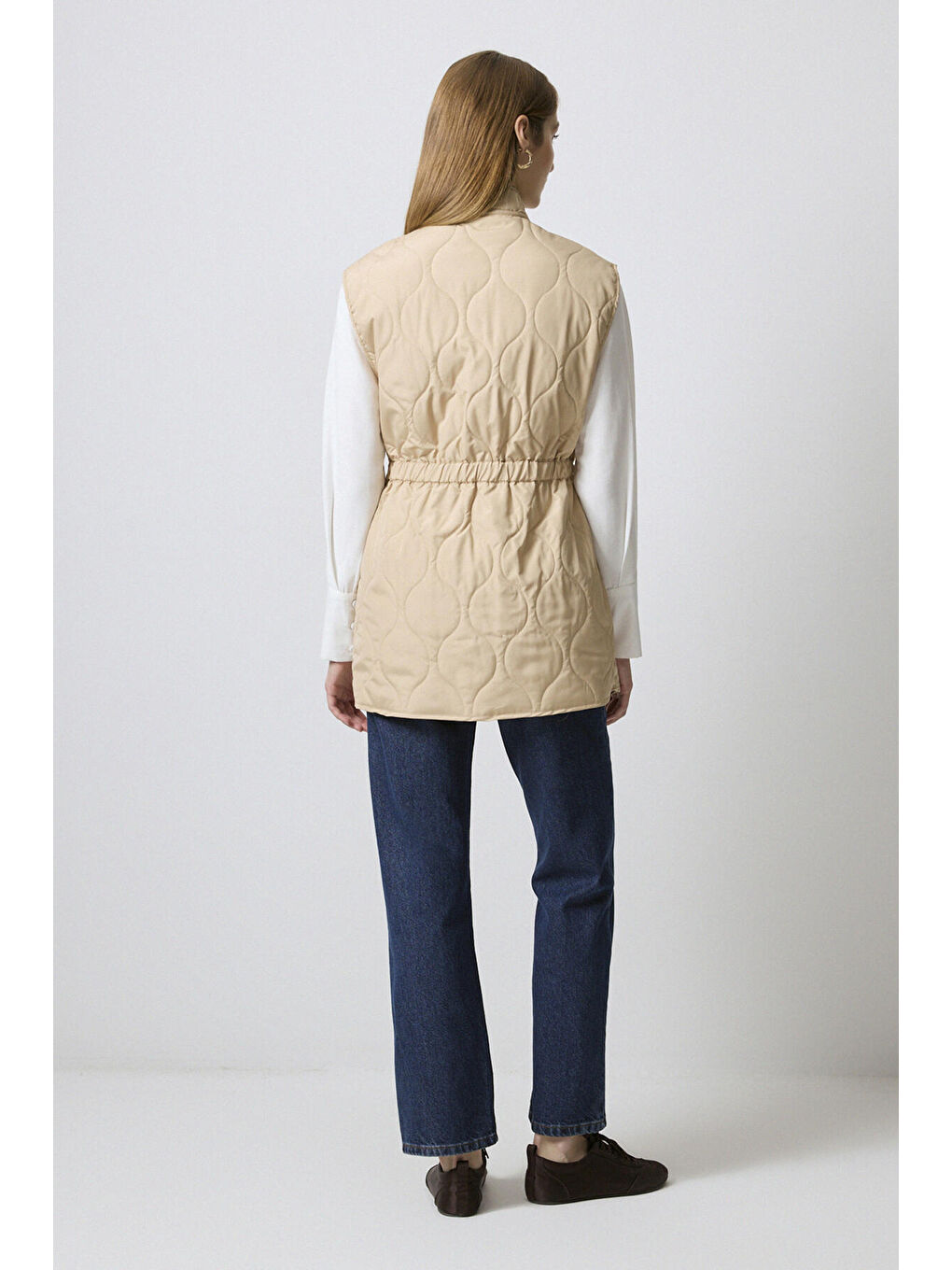Bej Fermuarlı Kapitone Yelek-4
