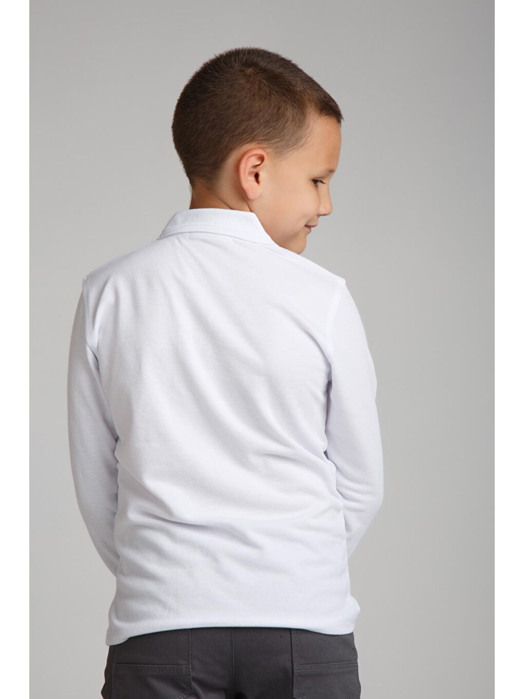 Beyaz Kids Polo Yaka Basic Uzun Kollu Erkek Çocuk Sweatshırt-1