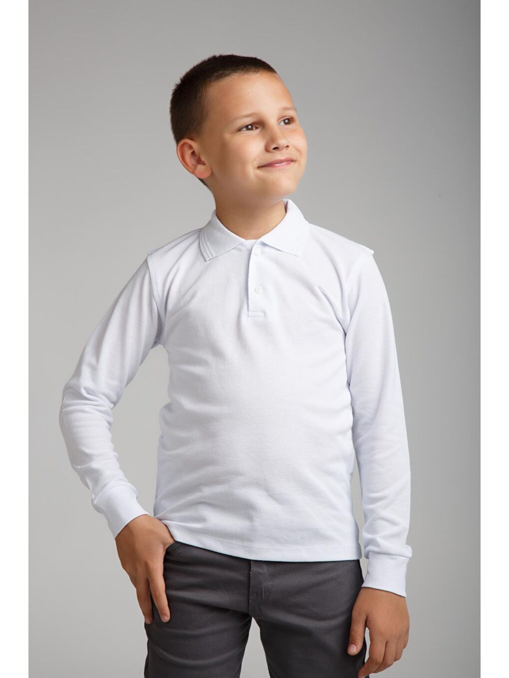 Beyaz Kids Polo Yaka Basic Uzun Kollu Erkek Çocuk Sweatshırt-2