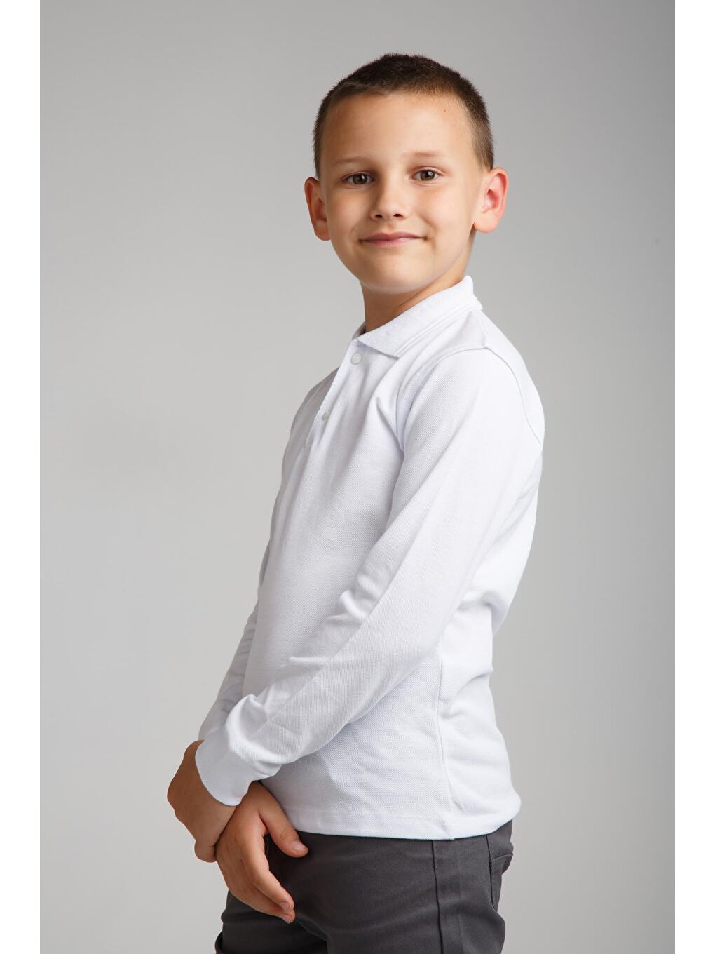 Beyaz Kids Polo Yaka Basic Uzun Kollu Erkek Çocuk Sweatshırt-3