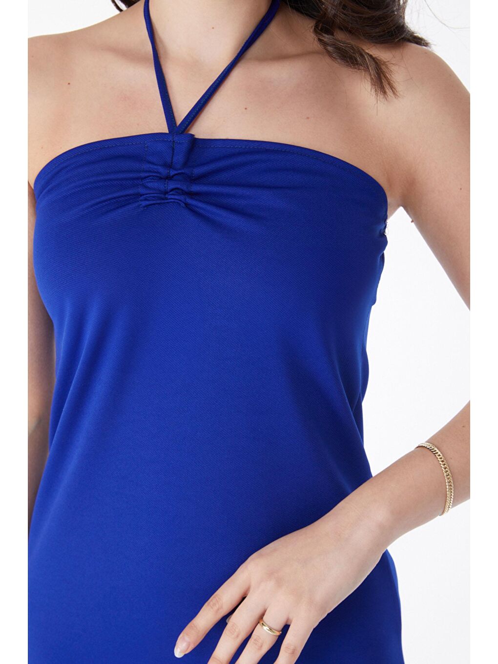 Düz Orta Kadın Mavi Bağcık Detaylı Abiye Elbise - 13190-4