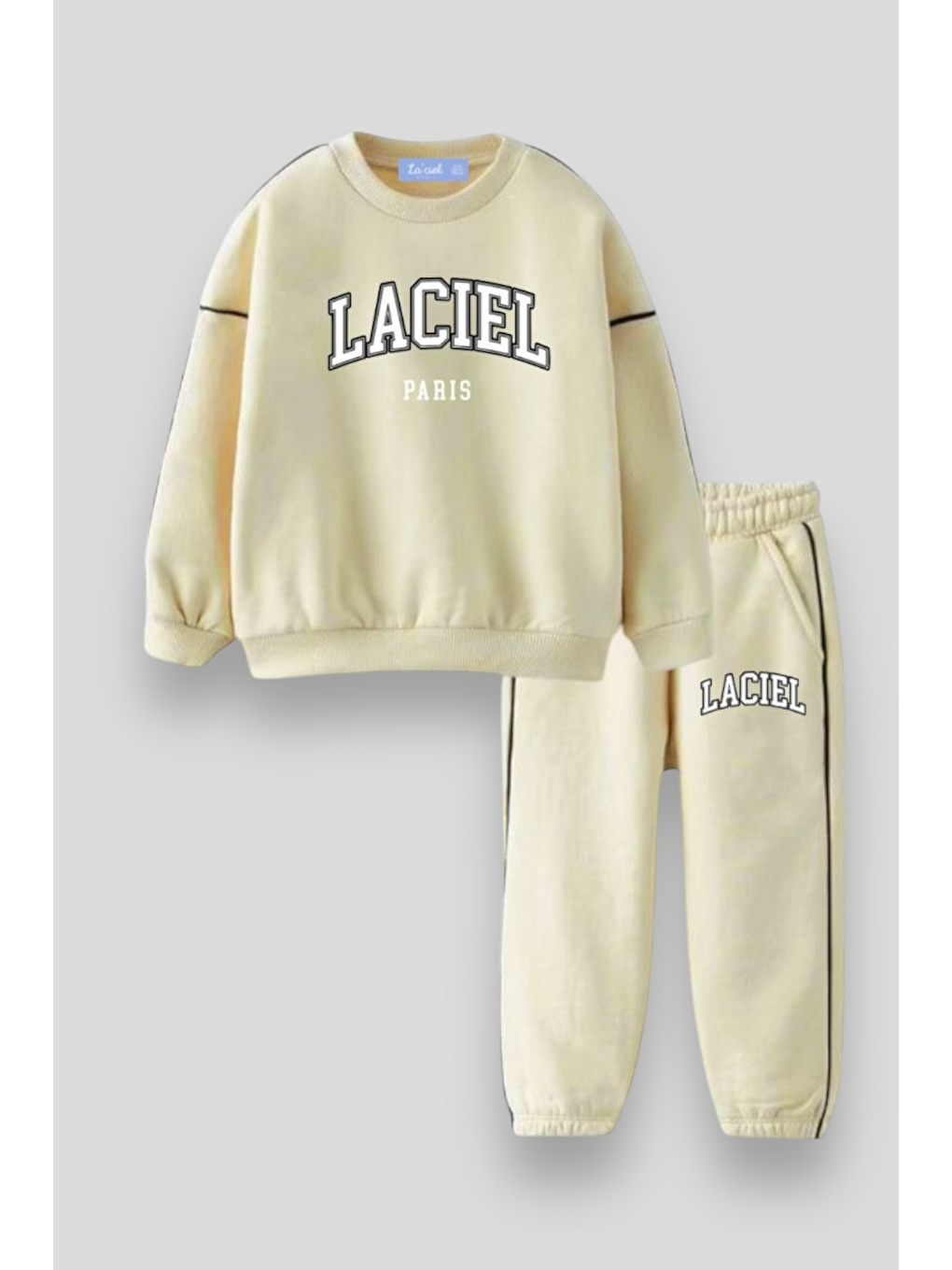 Ekru Unisex Çocuk Slogan Desenli Pamuklu Sweatshirt Eşofman Tayt Alt-üst Takım