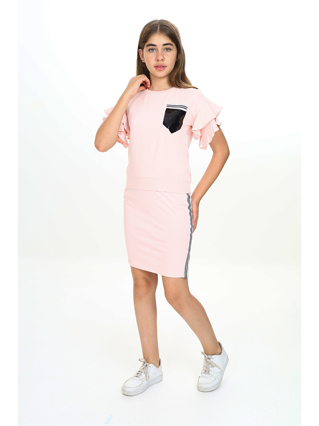 Pembe Kız Çocuk Cep Pul Nakışlı Etek Şeritli Takım-1