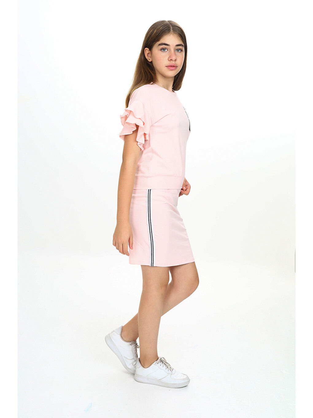 Pembe Kız Çocuk Cep Pul Nakışlı Etek Şeritli Takım-2