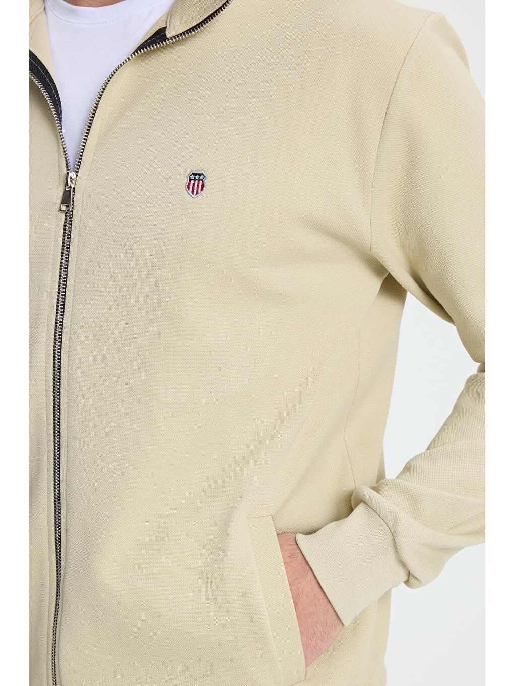Ekru Erkek Slim Fit Dar Kesim Pamuklu Tam Fermuarlı Çift Cepli Dik Yaka Krem Sweatshirt Hırka-2