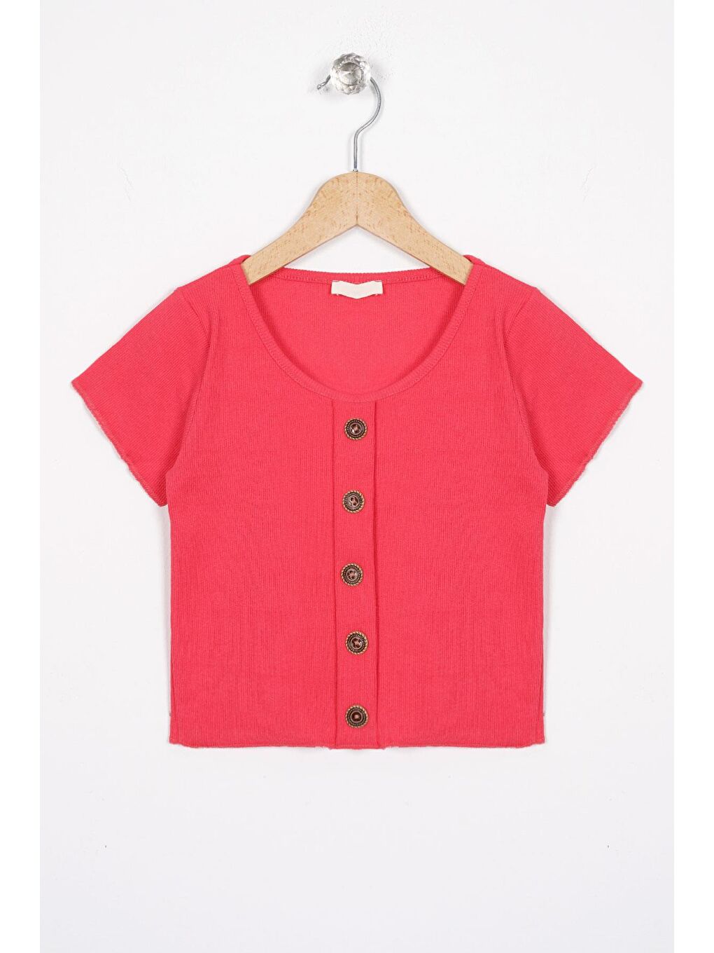 Bisiklet Yaka Kısa Kol Fitilli Pembe Renk Kız Çocuk Tshirt