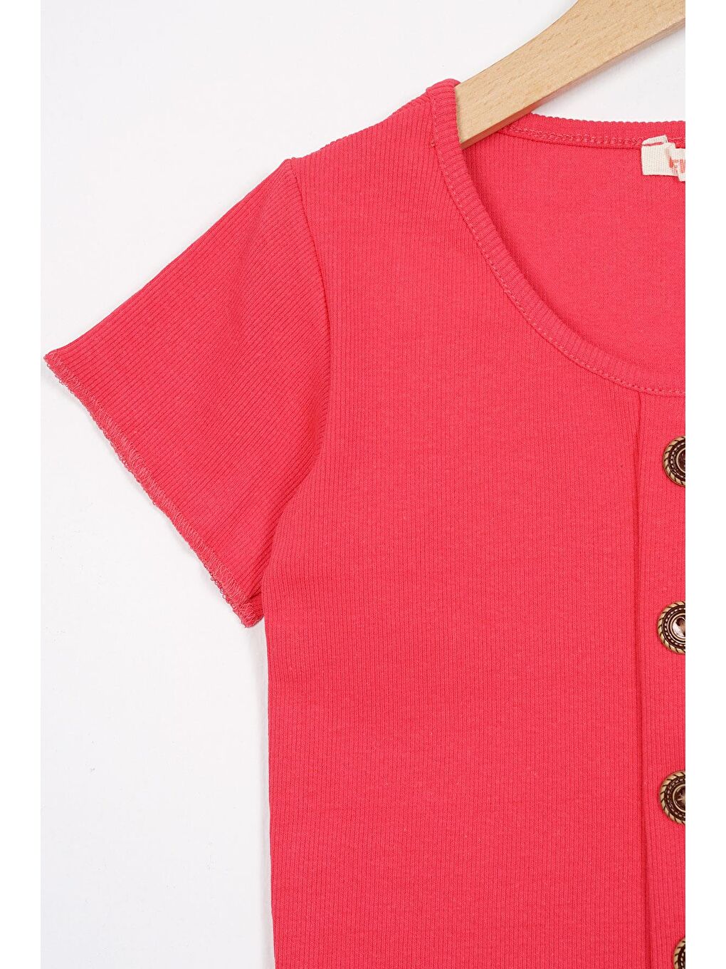 Bisiklet Yaka Kısa Kol Fitilli Pembe Renk Kız Çocuk Tshirt-1