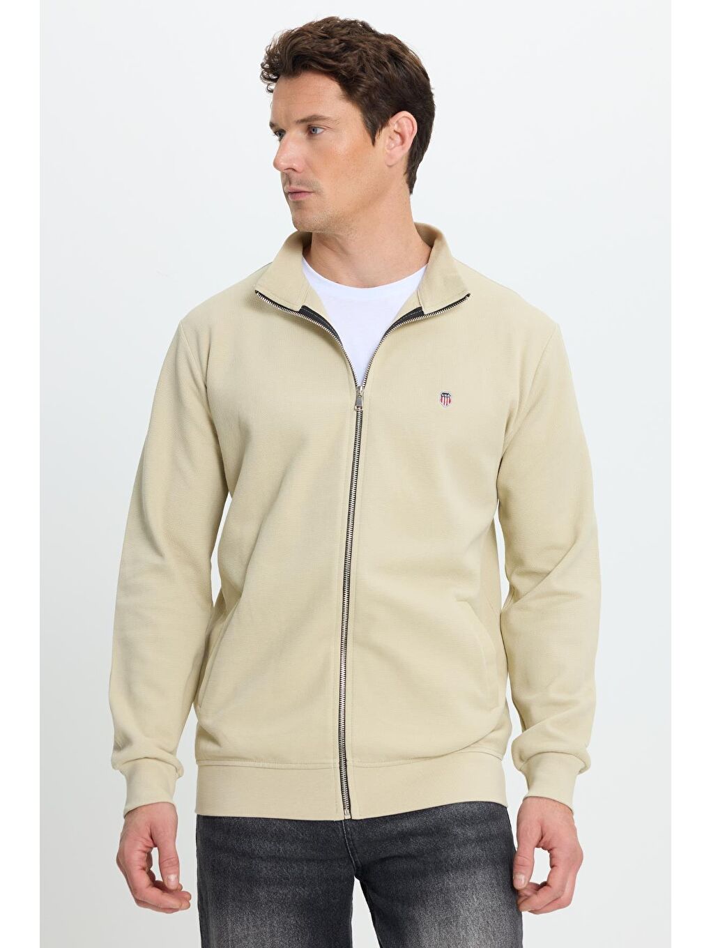 Ekru Erkek Slim Fit Dar Kesim Pamuklu Tam Fermuarlı Çift Cepli Dik Yaka Krem Sweatshirt Hırka-4