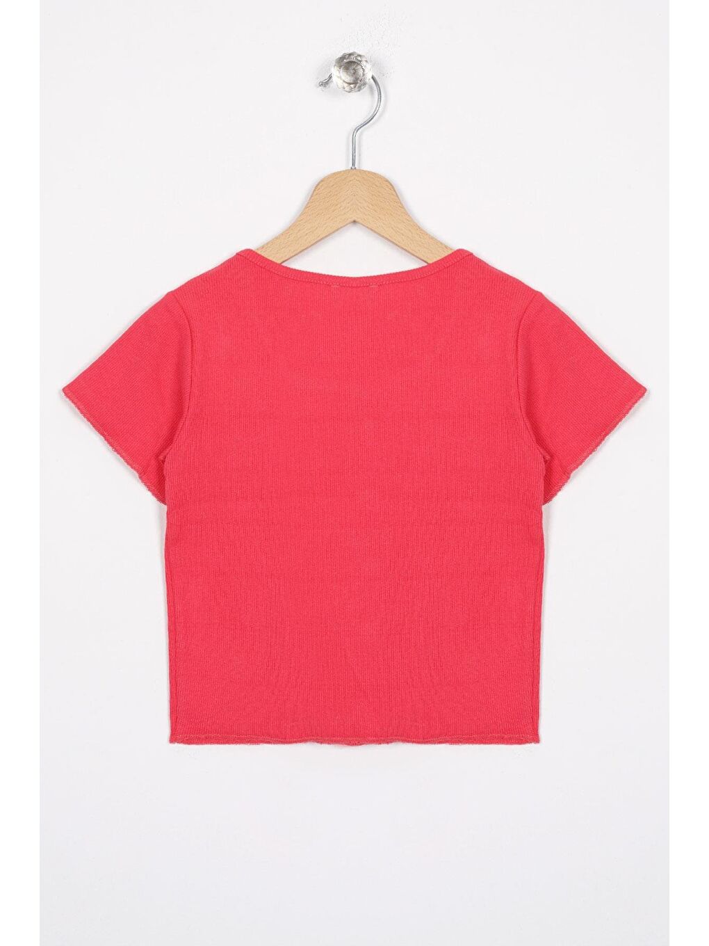Bisiklet Yaka Kısa Kol Fitilli Pembe Renk Kız Çocuk Tshirt-2
