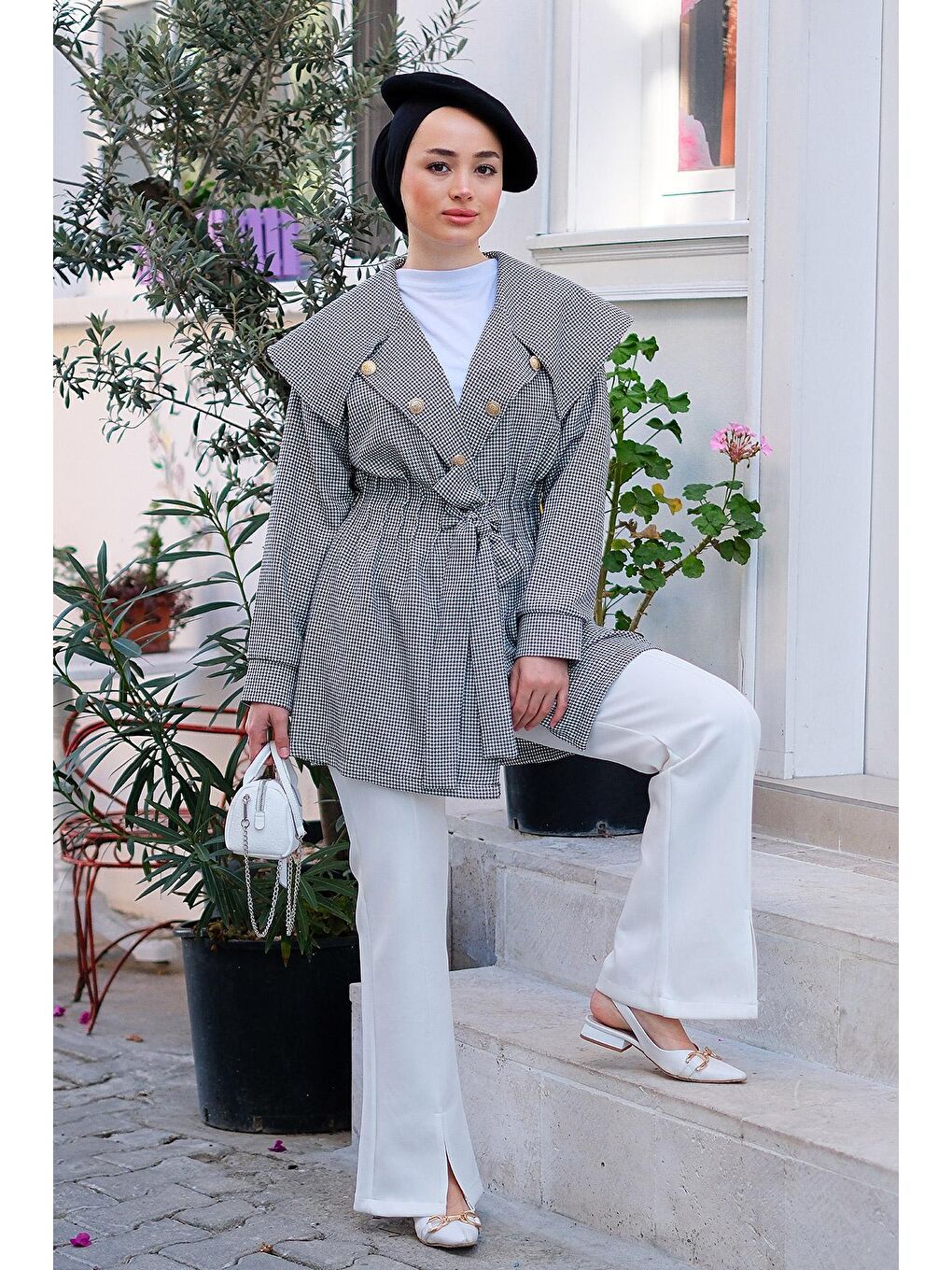 Kazayağı Desenli Bel Büzgülü Ceket Siyah-2