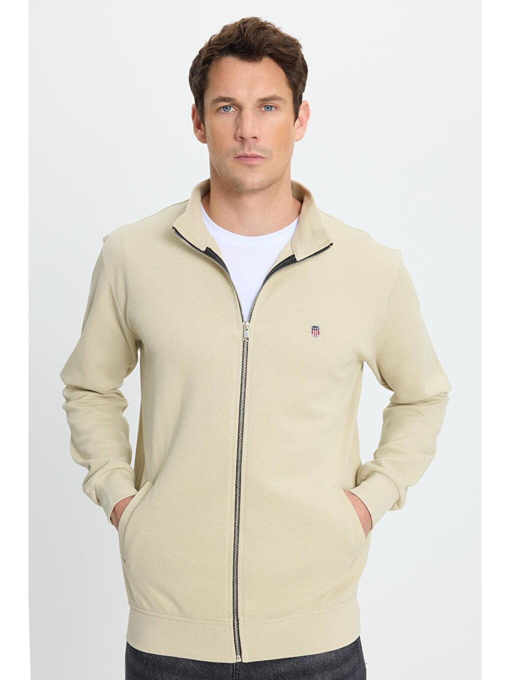 Ekru Erkek Slim Fit Dar Kesim Pamuklu Tam Fermuarlı Çift Cepli Dik Yaka Krem Sweatshirt Hırka-5