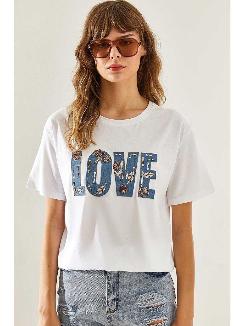 SHADE Beyaz Kadın Love Yazılı İşleme Detaylı  T-Shirt