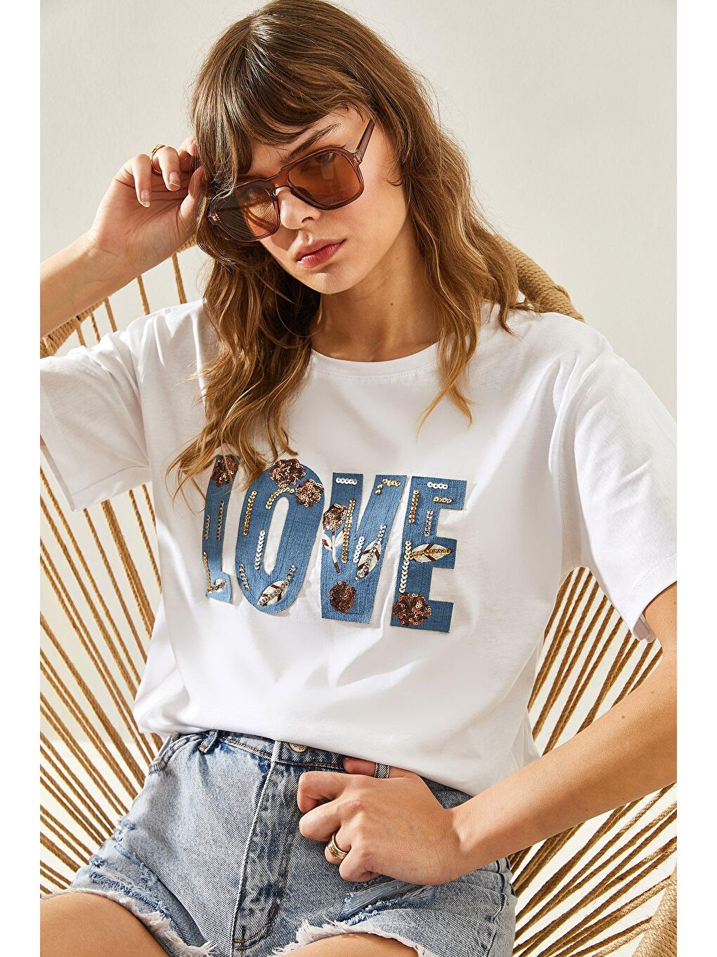 SHADE Beyaz Kadın Love Yazılı İşleme Detaylı  T-Shirt - 2