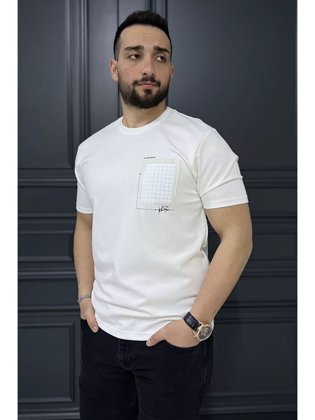 Ekru Erkek Bisiklet Yaka Baskılı Tişört