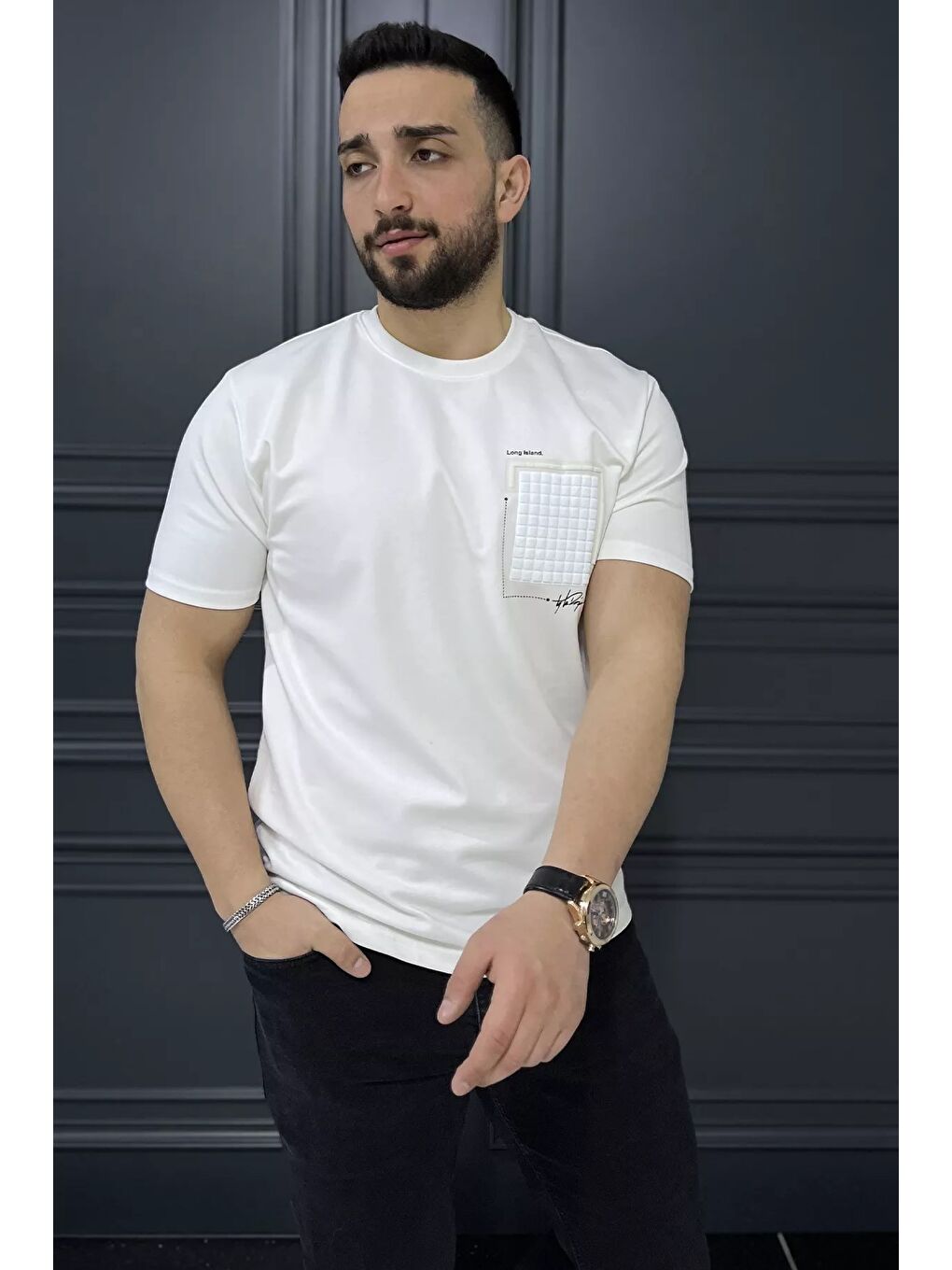 Ekru Erkek Bisiklet Yaka Baskılı Tişört-1