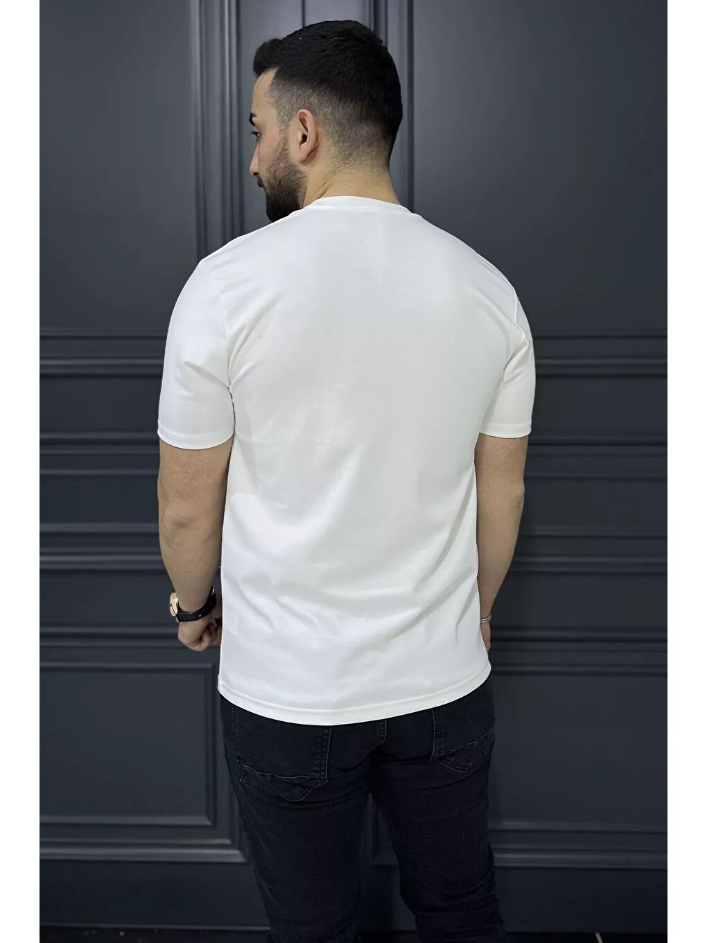 Ekru Erkek Bisiklet Yaka Baskılı Tişört-2