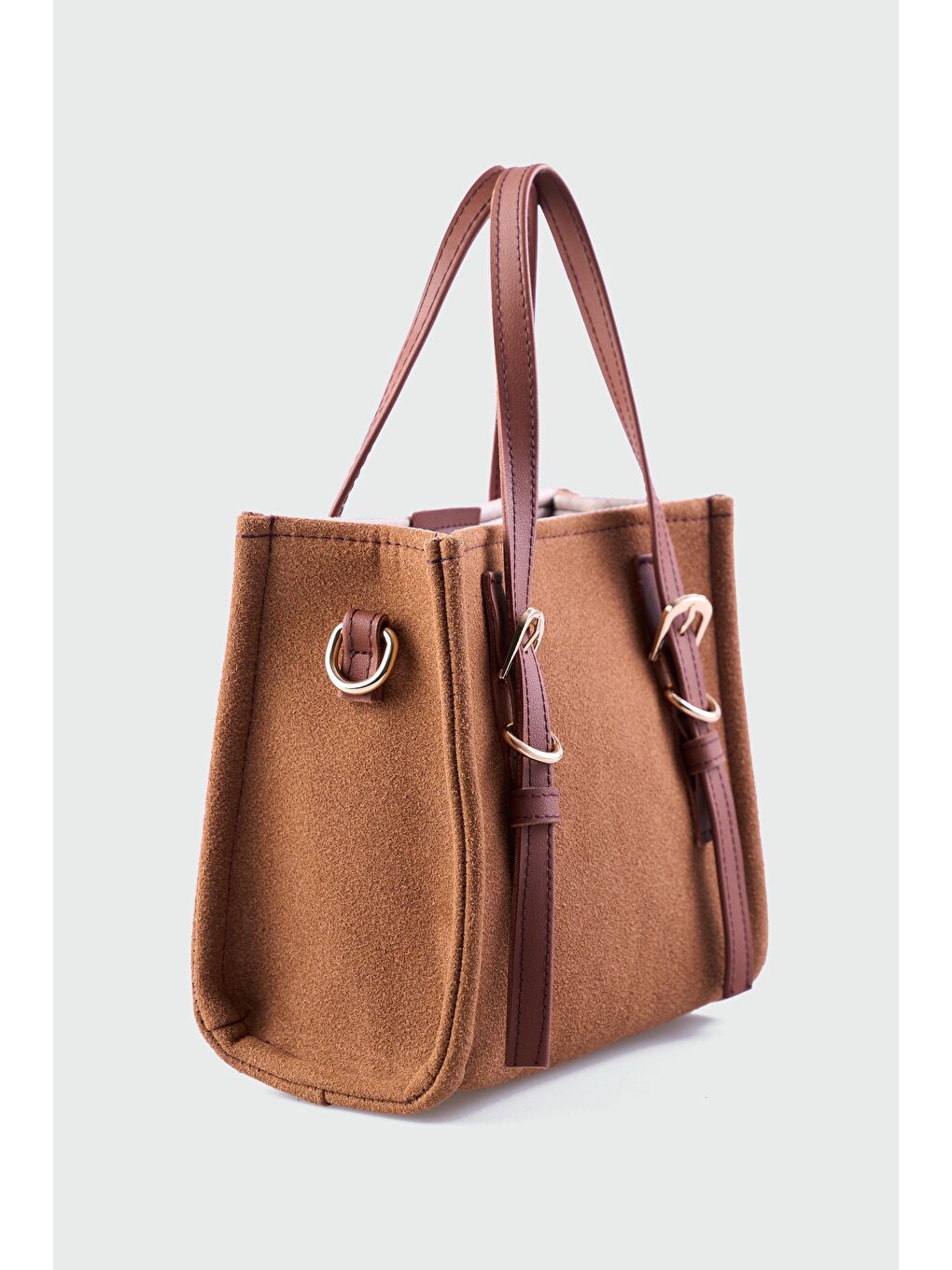 Kahverengi Luxe Kemer Detaylı Süet Çapraz Çanta Taba-1