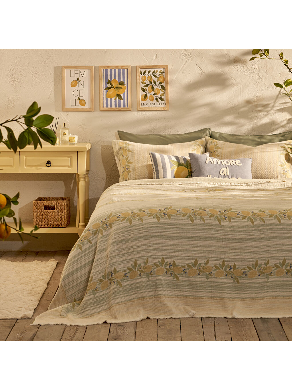 Karışık %100 Pamuk Limonlu Çift Kişilik Yatak Örtüsü Seti (240x260 cm)