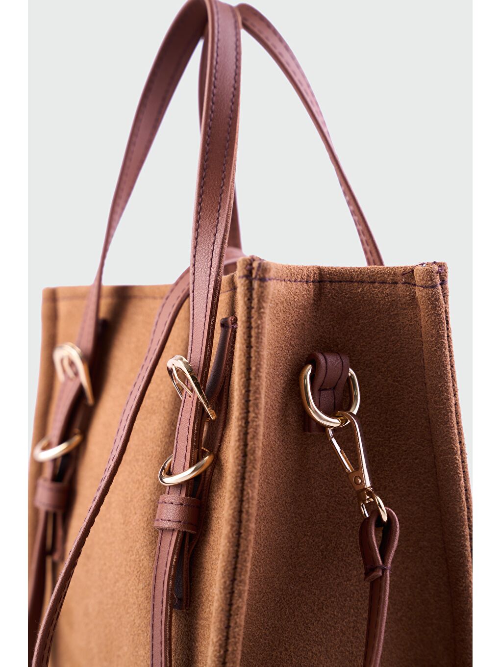 Kahverengi Luxe Kemer Detaylı Süet Çapraz Çanta Taba-2