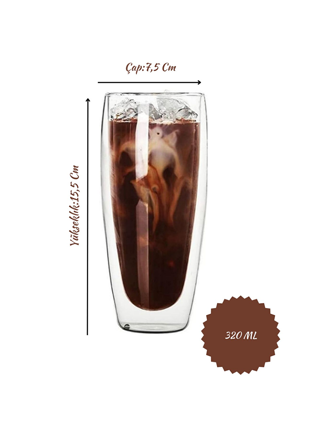 Renksiz Çift Cidarlı Uzun 320 ml Cam Bardak Seti 3 Adet 2324-1