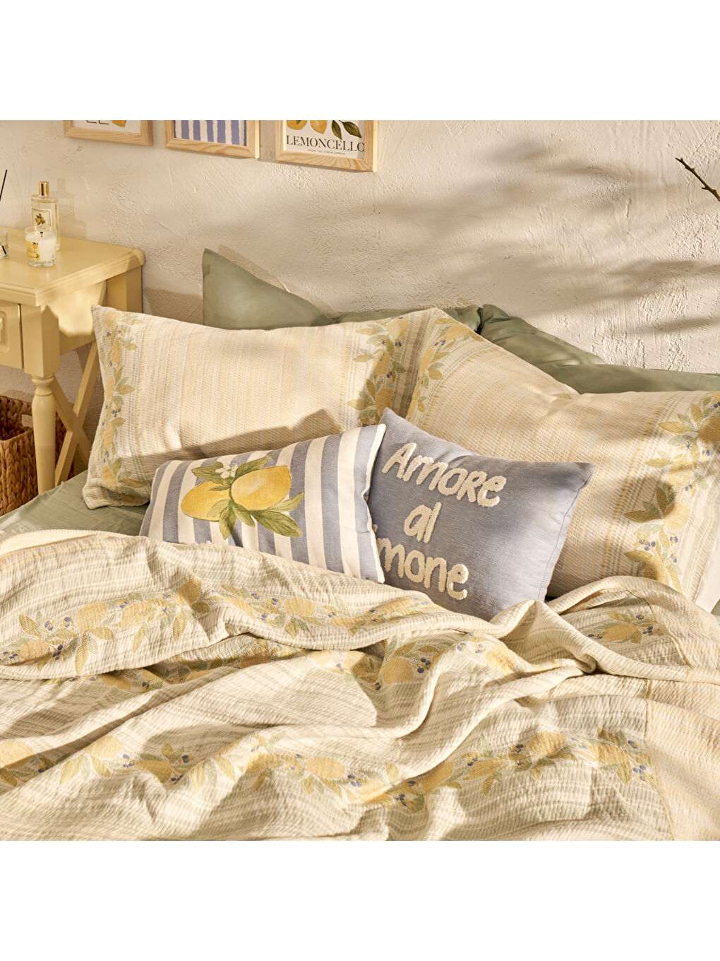 Karışık %100 Pamuk Limonlu Çift Kişilik Yatak Örtüsü Seti (240x260 cm)-2