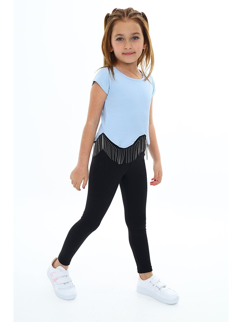 Mavi Kız Çocuk Taytlı Takım (Zincirli Crop Bluz&Tayt) 6-13 Yaş 9301