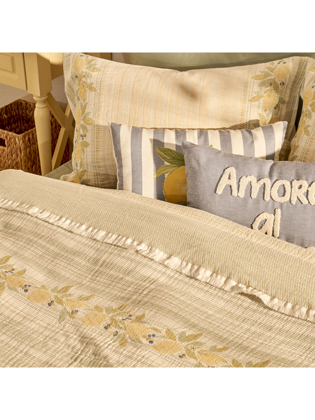 Karışık %100 Pamuk Limonlu Çift Kişilik Yatak Örtüsü Seti (240x260 cm)-4