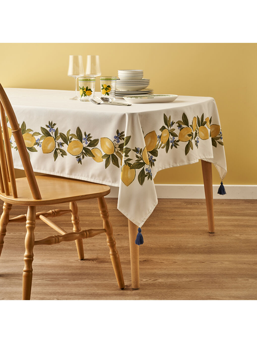 Limonlu Pamuklu Masa Örtüsü Sarı (150x250 cm)