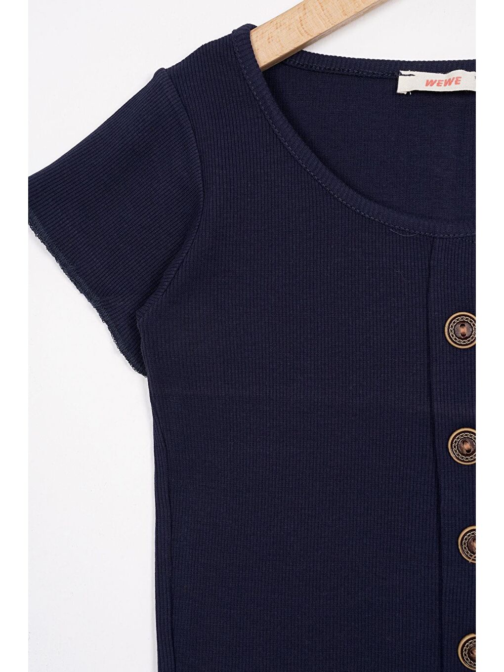 Bisiklet Yaka Kısa Kol Fitilli Lacivert Renk Kız Çocuk Tshirt-1