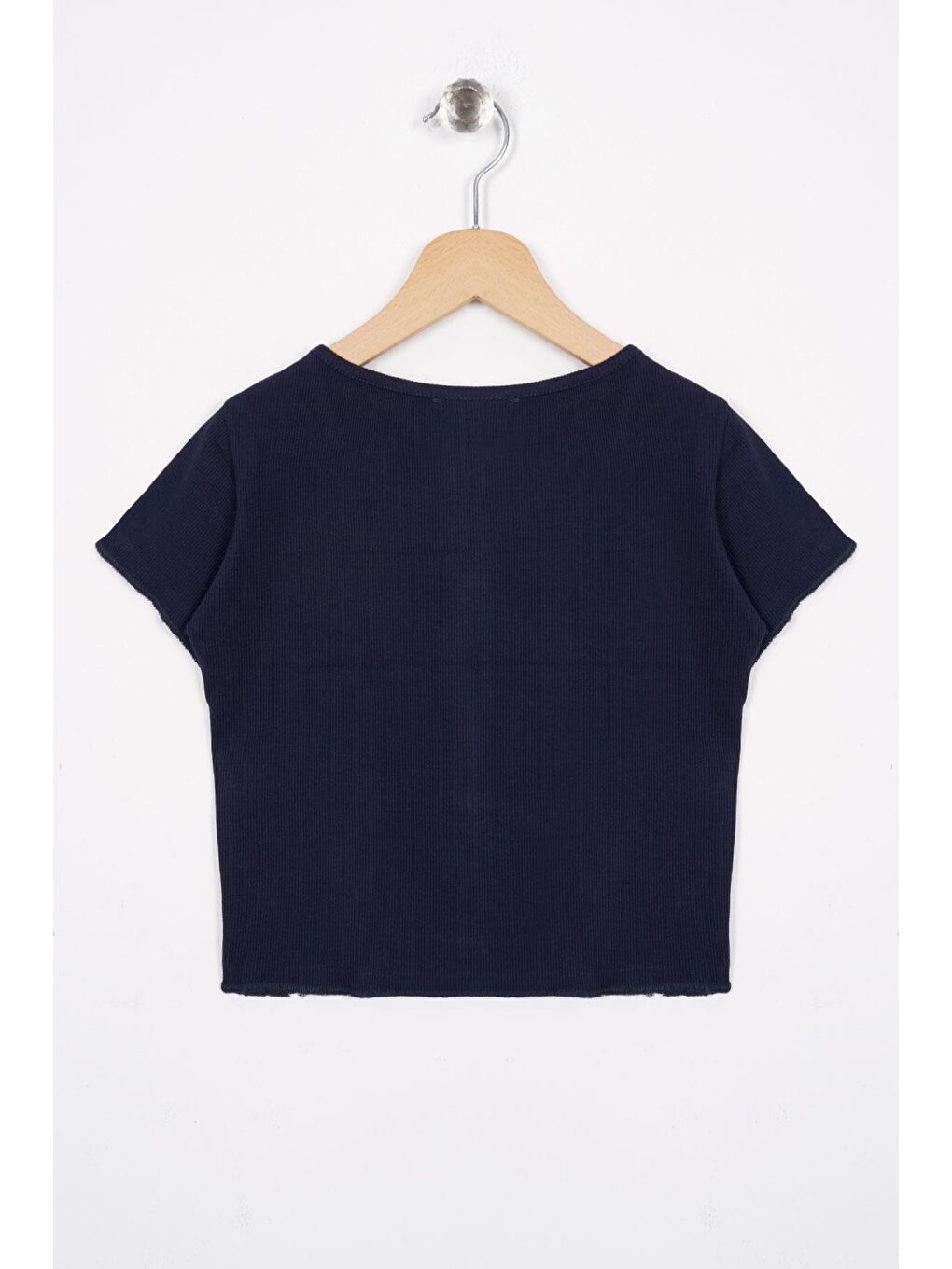 Bisiklet Yaka Kısa Kol Fitilli Lacivert Renk Kız Çocuk Tshirt-2