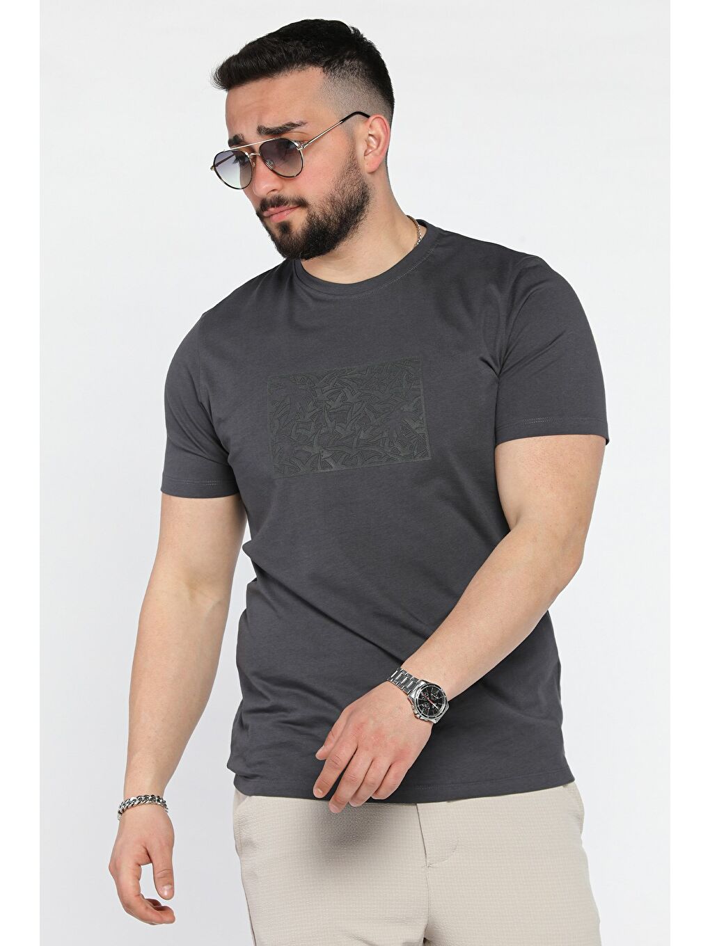 Gri Erkek Bisiklet Yaka Baskılı Tişört-1