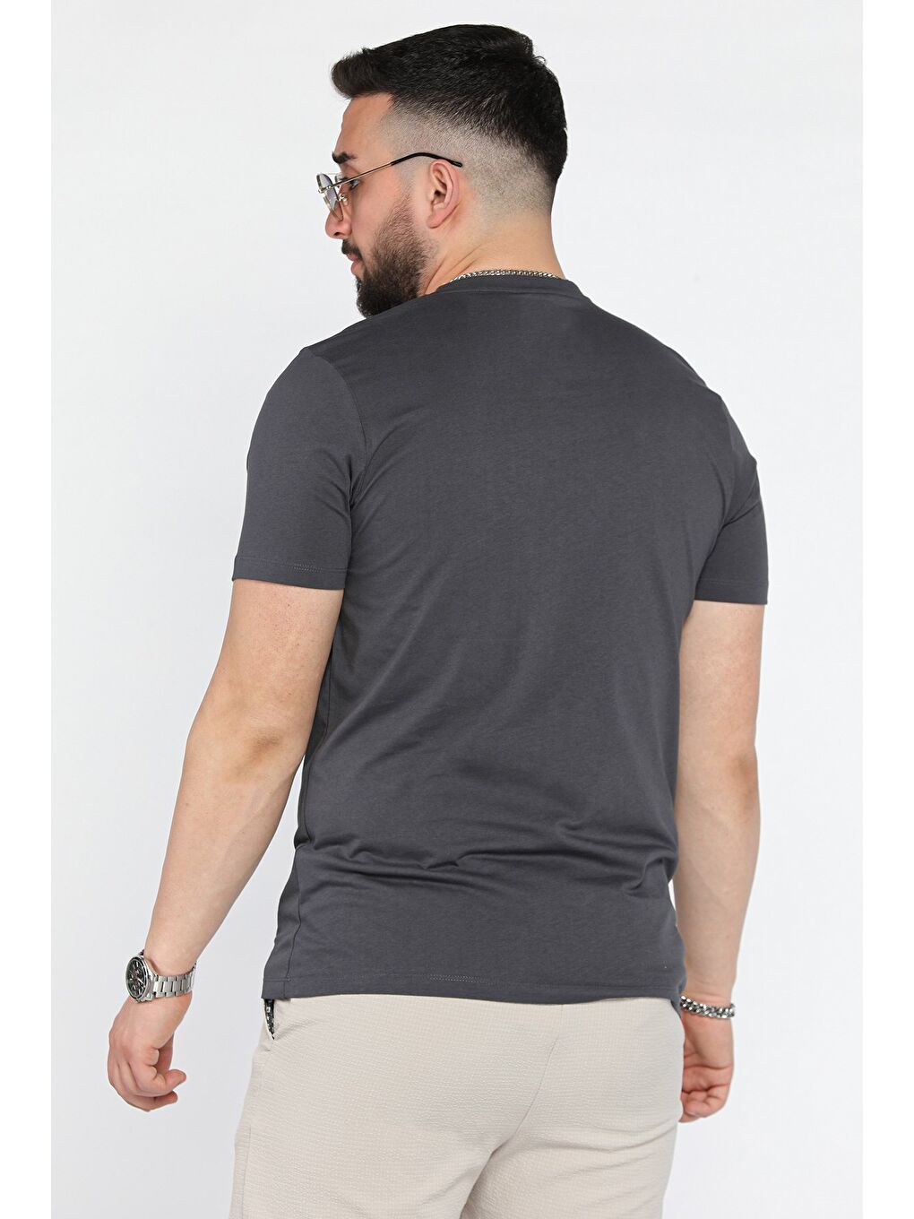 Gri Erkek Bisiklet Yaka Baskılı Tişört-2