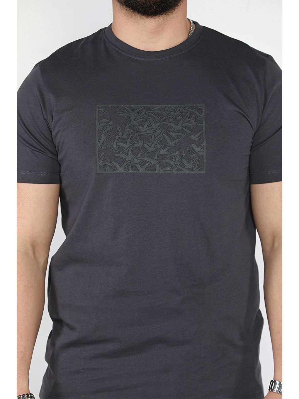 Gri Erkek Bisiklet Yaka Baskılı Tişört-3